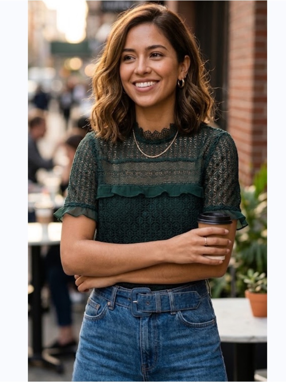 Zara Forest Green Lace Short-Sleeve Blouse
